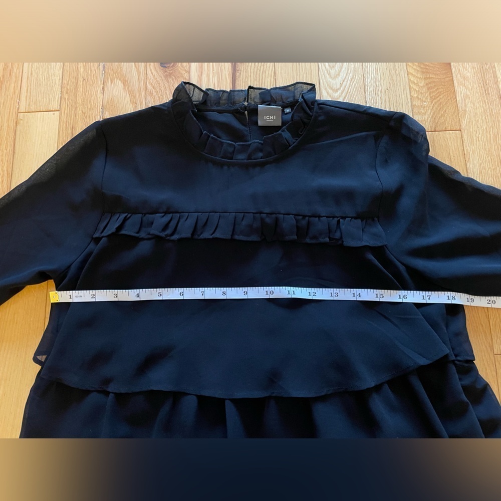 ICHI Black Ruffled Tiered Quarter Sleeve Mandarin Collar Blouse Size 36 - Picture 8 of 8